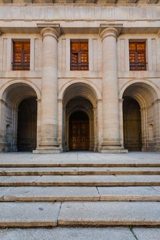 Close up View of the facade church and starway in the Royal Site of San Lorenzo de El Escorial next to Madrid Spain