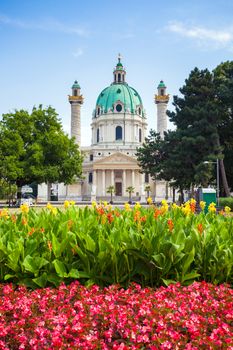 VIENNA, AUSTRIA - AUGUST 4, 2013: St. Charles's Church (Karlskirche) in Vienna, Austria