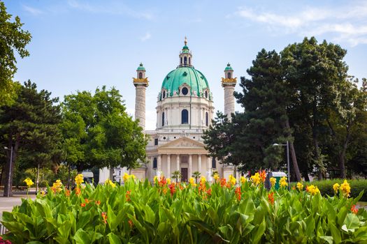 VIENNA, AUSTRIA - AUGUST 4, 2013: St. Charles's Church (Karlskirche) in Vienna, Austria