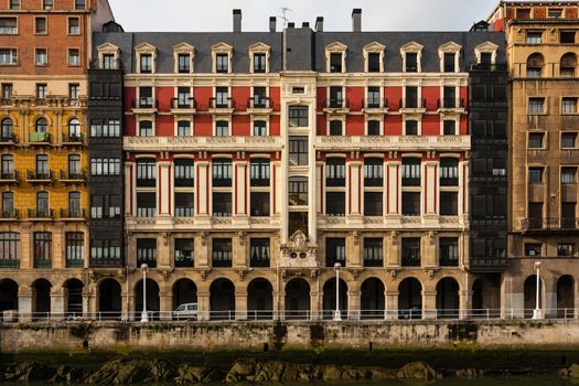 Closeup view of beautiful modernist building in Bilbao Bailen Street next to the Nervion river Basque Country Spain