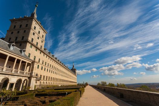 View of the Escorial Royal Monastery from its gardens Madrid Spain