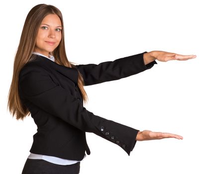 Businesswoman holding anything. Isolated on white background