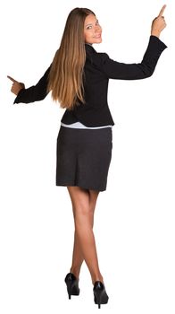 Businesswoman pushing fingers in opposite directions. Isolated on white background