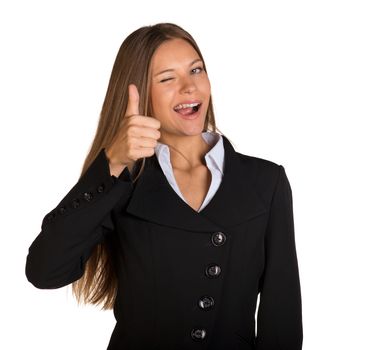 Businesswoman showing thumb up. Isolated on white background