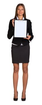 Businesswoman holding paper holder in his hands. Isolated on white background