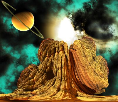 Alien Rock with space background and a planet