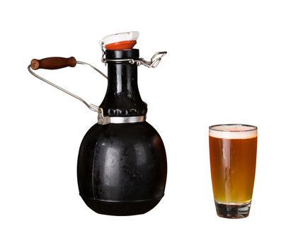 Cutout of a large 64 fluid ounce four pint growler bottle with a glass of cold beer or ale. Used by microbreweries to serve beer for home consumption