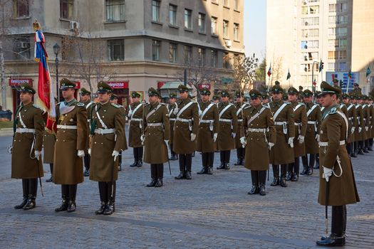Members of the Carabineros parading as part of the changing of the guard ceremony at La Moneda in Santiago, Chile