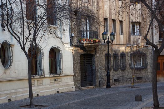 Historic buildings lining the cobbled streets of Barrio Londres in Santiago, Chile