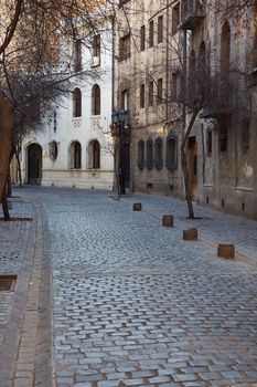 Historic buildings lining the cobbled streets of Barrio Londres in Santiago, Chile