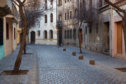 Historic buildings lining the cobbled streets of Barrio Londres in Santiago, Chile