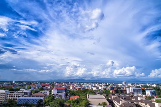 blue sky background with tiny clouds and cityscape on top view
