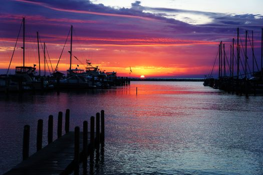 Image of a beautiful sunset at boat marina           