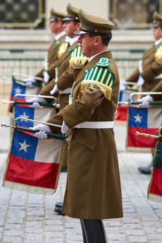 Members of the Carabineros Band at the changing of the guard ceremony at La Moneda in Santiago, Chile