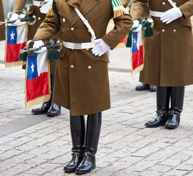 Members of the Carabineros Band at the changing of the guard ceremony at La Moneda in Santiago, Chile