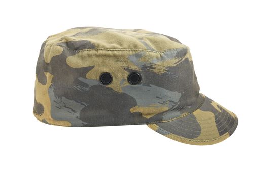 Old army camouflaged cap isolated on white background