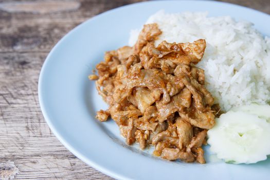 Fried pork with garlic and steamed rice (Thai food)