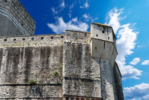 Detail of the old walls of Lerici Castle (1155). Lerici typical seaside town in Liguria, La Spezia - Italy