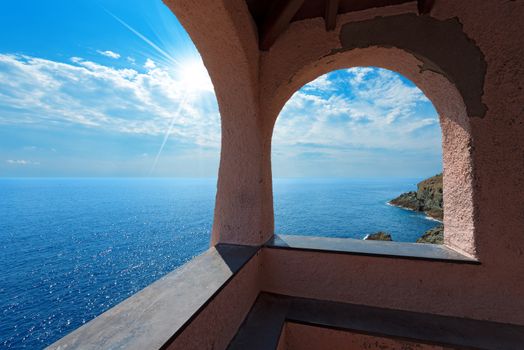 Church of Madonnina della Punta with the Ligurian sea and the cliffs. Near Bonassola, ancient village, La Spezia, Italy