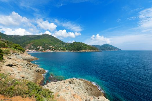 Panoramic view of sea at Bonassola, ancient village in Ligurian coast in the east, La Spezia, Italy