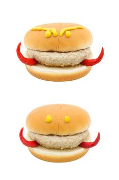 devil face hamburger isolated on white background (concept junk food)