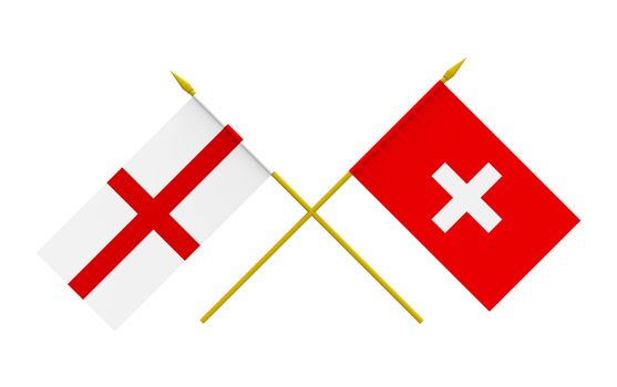 Flags of England and Switzerland, 3d render, isolated on white