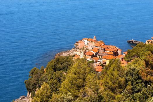 Panoramic view of Tellaro, ancient village in Liguria, Gulf of Poets, La Spezia, Italy