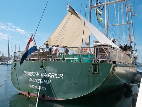 PULA, CROATIA - JULY 23, 2014: Greenpeace's vessel the "Rainbow Warrior III" at the Port of Pula. Greenpeace on Mediterranean visits four Croatian towns: Split, Rijeka, Zadar and Pula.