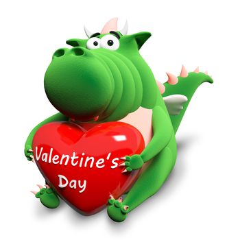 Green dragon and big red heart with text "Valentine's day", isolated on white