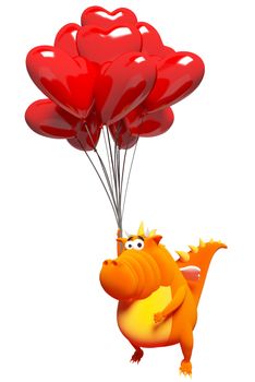 Orange dragon and balloons - red hearts , isolated on white backround