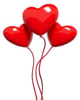 Three red hearts-balloons, isolated on white backround