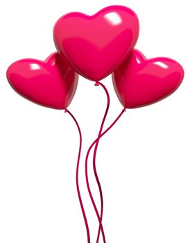 Three red hearts-balloons, isolated on white