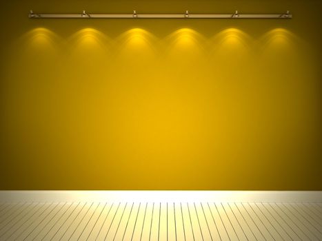 Illuminated yellow wall and white floor
