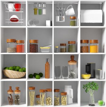 kitchen equipment on the white shelf. 3d concept