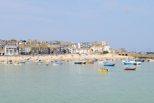 Cornish fishing boats in St Ives, Cornwall, England on a sunny day in the summer.