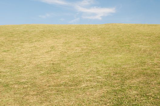 Green sloping  meadows and clouds with blue sky