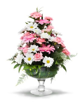 Pink white gerber daisy bouquet in glass vase, isolated on white