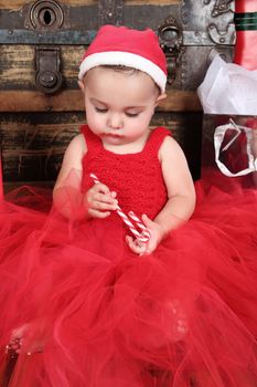 Brunette baby girl wearing a red christmas dress eating candy