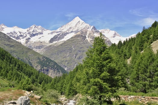 Amazing view of tourist trail near the Matterhorn in the Swiss Alps 