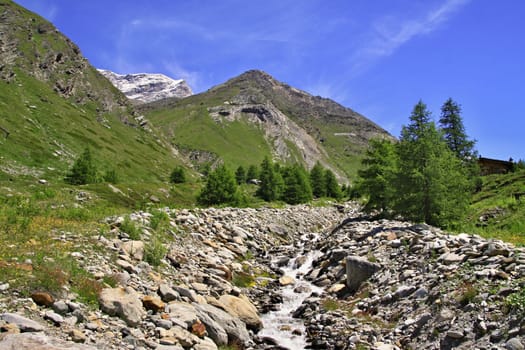 Amazing view of touristi trail near the Matterhorn in the Swiss Alps 