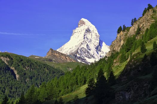 Amazing view of tourist trail near the Matterhorn in the Swiss Alps 