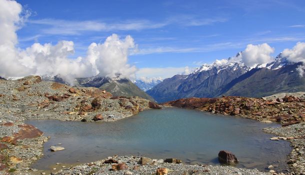 Amazing view of tourist trail near the Matterhorn in the Swiss Alps 