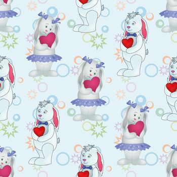 Seamless pattern, cartoon Easter Bunnies boys and girls with Valentine hearts on abstract background.