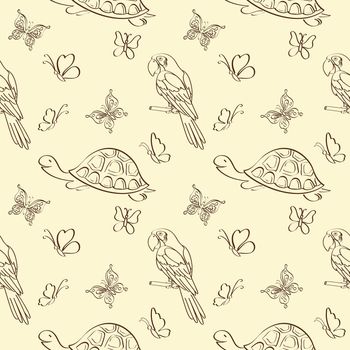 Seamless pattern, cartoon butterflies, turtles and parrots outlines.