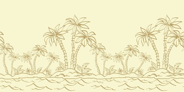Seamless horizontal background, tropical landscape, Sea Island with palm trees and grass contours.