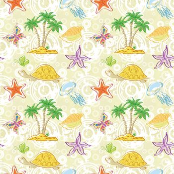 Seamless tropical background, Sea Island with palm trees, butterflies, shells, jellyfish, turtles and starfish.
