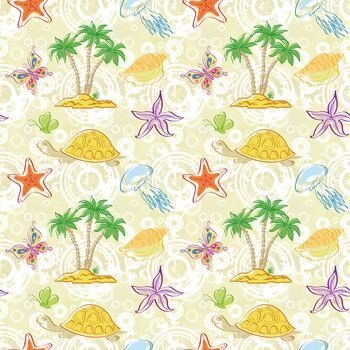 Seamless tropical background, Sea Island with palm trees, butterflies, shells, jellyfish, turtles and starfish.