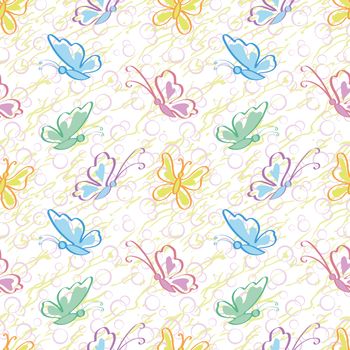 Seamless pattern, outline colorful butterflies on abstract background.