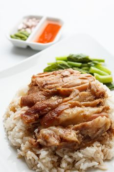 Pork leg with rice and  sauce isolated on white background