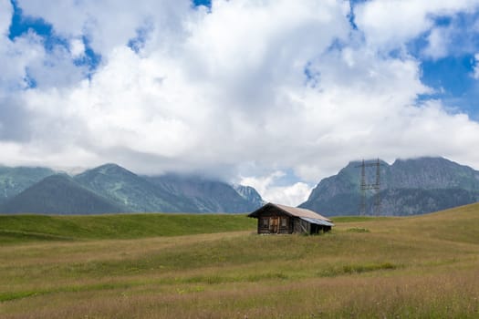 wooden house in a green meadow near mountains